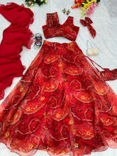 Pure organza red silk floral Lehenga