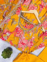 Yellow floral print kali cut anarkali suit