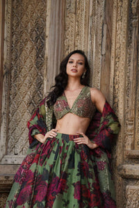 Floral shaded organza silk lehenga in green