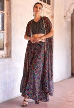 Navy blue printed georgette palazzo with cape readymade