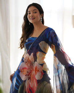 Tabby silk blue organza printed Lehenga