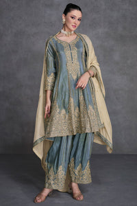 Steel blue and grey palazzo suit