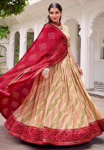 Tussar silk bandhej print Lehenga in beige (skirt stitched)