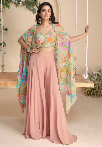 Embroidered chinon silk palazzo set in peachy pink