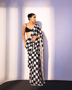 Black and white checks saree