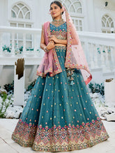 Steel blue multi thread embroidered Lehenga