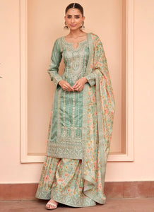 Mint green silk floral salwaar kameez suit
