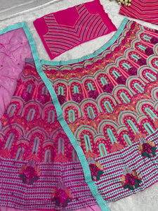 Rose pink and aqua chine sequins Lehenga