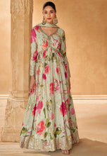 Floral printed chinon anarkali in mint green
