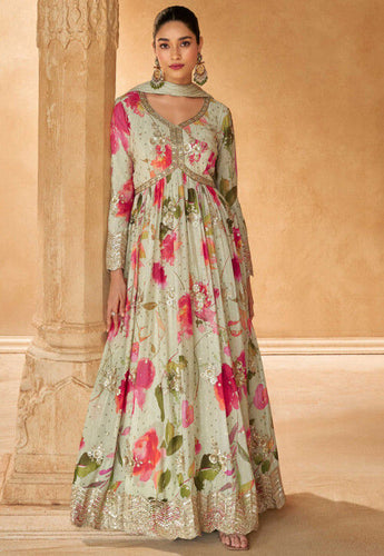 Floral printed chinon anarkali in mint green