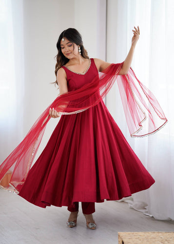 Roman chanderi silk anarkali set in maroon (sleeves available)