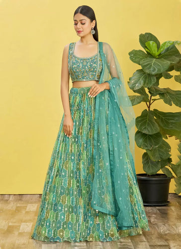 Shades of green organza digital print lehenga
