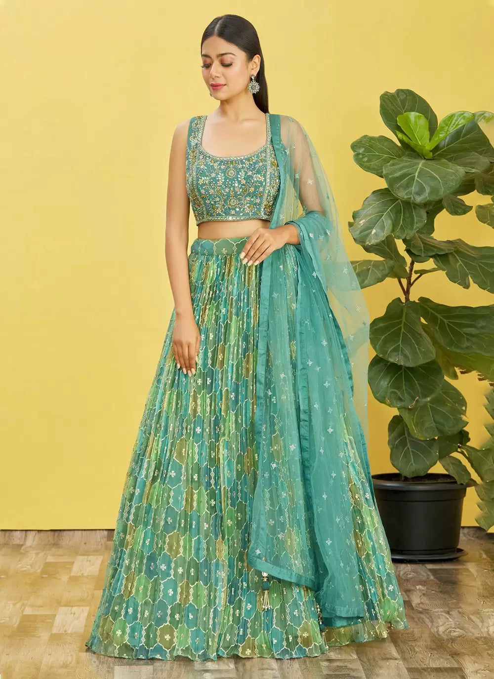 Shades of green organza digital print lehenga