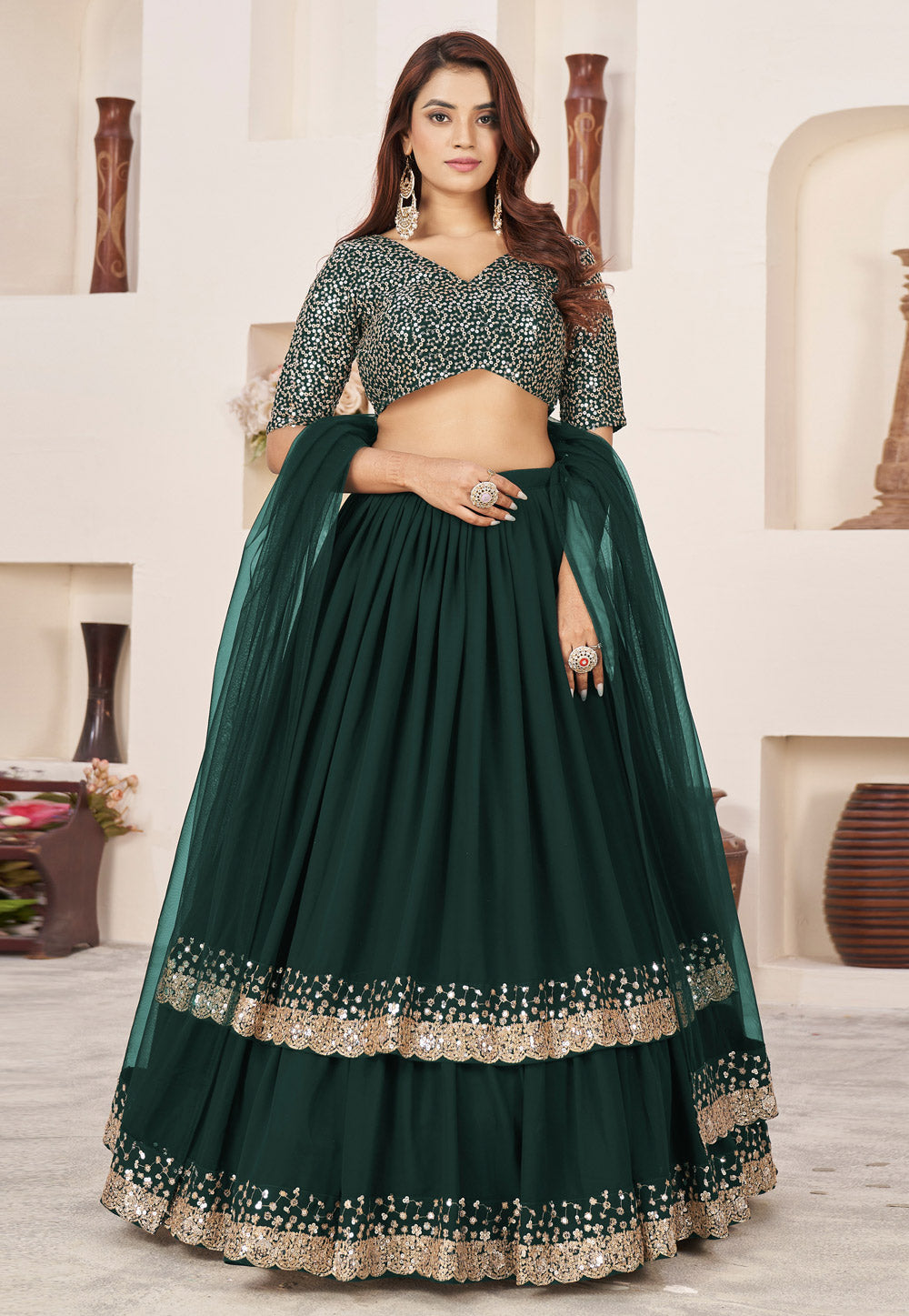 Green double layered georgette Lehenga