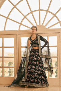 Chinon silk floral multi thread and sequin Lehenga in black