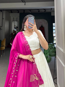 White lucknowi Lehenga with pink dupatta (skirt stitched)