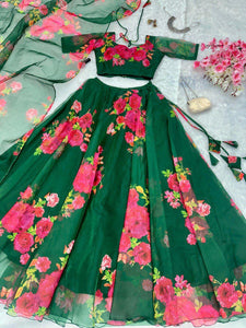 Green floral organza readymade Lehenga