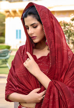 Tussar silk Lehenga in red with white flowers