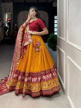 Tussar silk lehengas with patola print (skirt stitched) - mustard and red