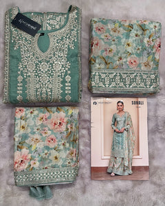 Mint green silk floral salwaar kameez suit
