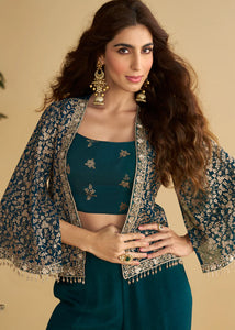 Teal Indo western jacket style palazzo set