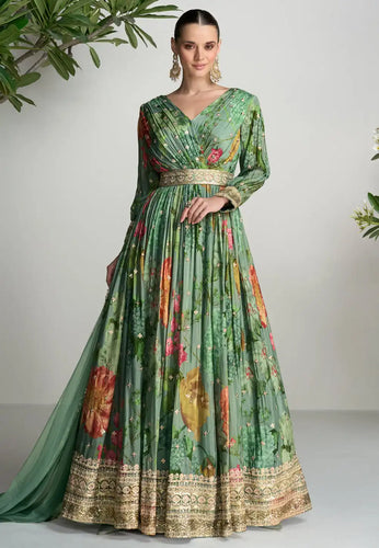 Scarlet - sea green chinon anarkali
