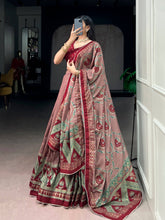 Tussar silk printed and iconic lehenga in maroon (skirt stitched)