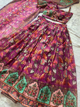 Wine floral printed organza silk lehenga