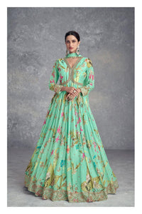 Ahana - Mint Green floral chinon mirror work anarkali