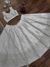 Silver satin silk thread work sequins Lehenga