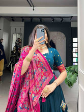 Tussar silk elephant and peacock design in blue (skirt stitched)