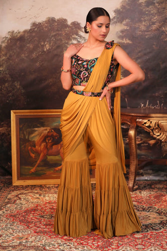 Mustard palazzo saree with Keri design blouse