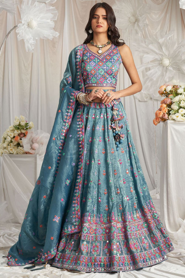 Steel blue mirror work Lehenga