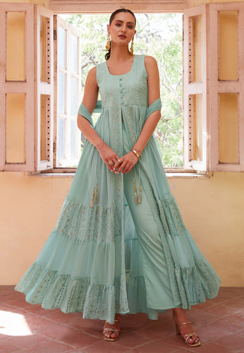 Sky blue georgette centre slit anarkali with pants