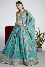 Sea green organza digital printed lehenga