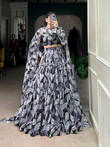 Graceful tabby silk printed Lehenga in Black (skirt stitched)