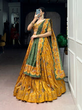 Mustard Tussar silk foil printed lehenga (skirt stitched)