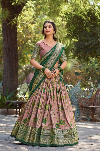 Tussar silk floral kalamkari print Lehenga in onion pink