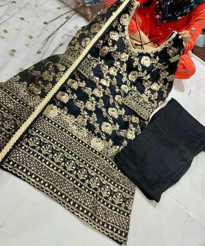 Black and gold banarasi silk salwaar kameez
