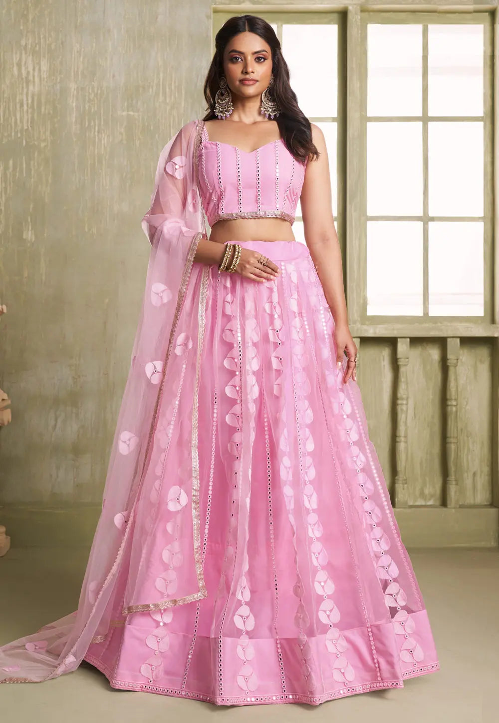 Pink mirror work lehenga