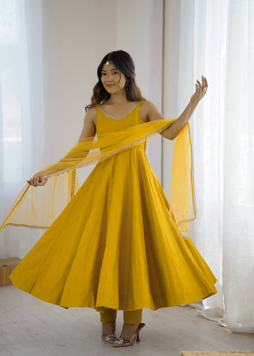 Roman chanderi silk anarkali set in yellow (sleeves available)