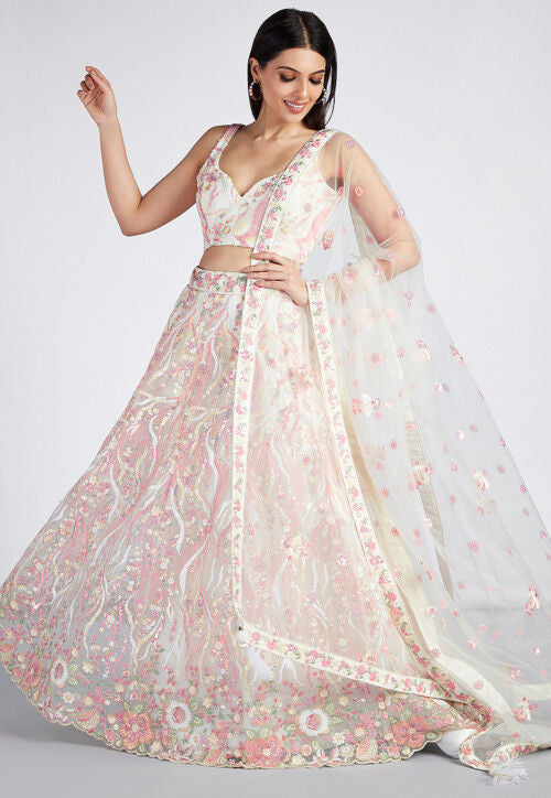 Cream floral embroidered net Lehenga (suitable for plus and tall top)
