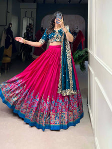 Tussar silk traditional Lehenga multi floral border in pink (skirt stitched)