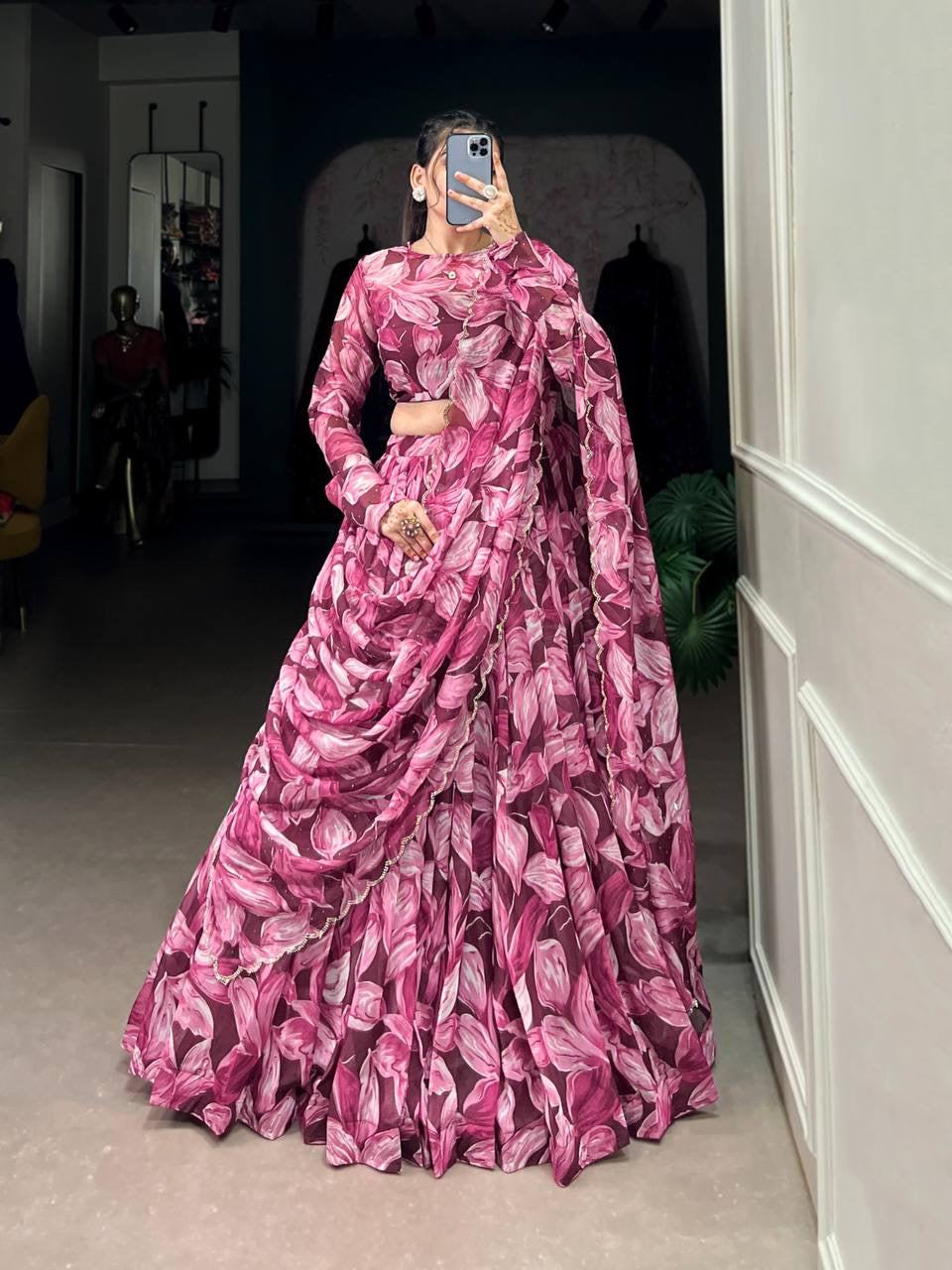 Graceful tabby silk printed Lehenga in maroon (skirt stitched)