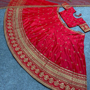 Red and gold elegant satin silk Lehenga