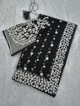 Black butterfly net pearl work saree