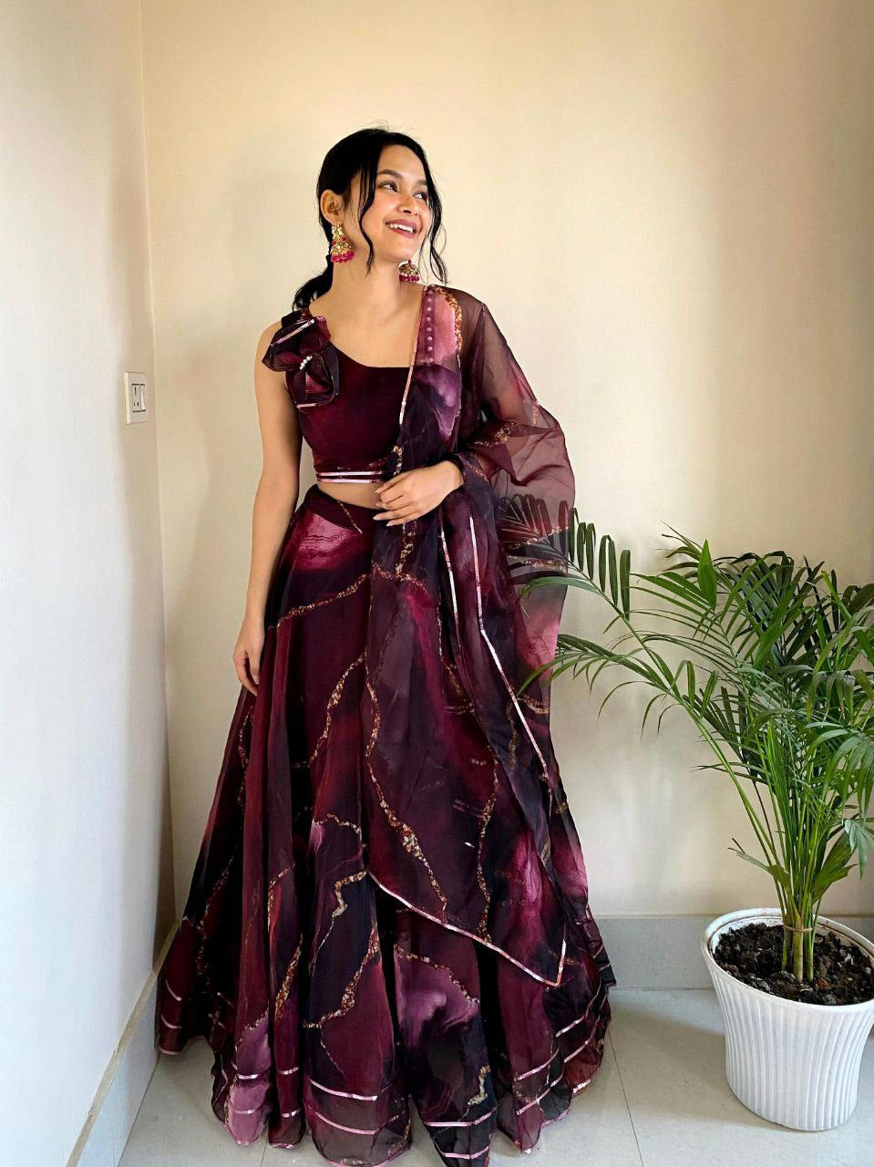 Wine organza silk readymade Lehenga
