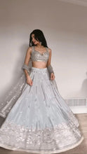 Silver satin silk thread work sequins Lehenga