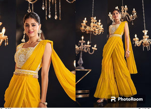 Yellow and white thread work sharara saree