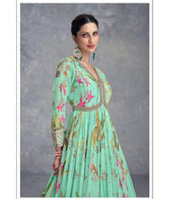 Ahana - Mint Green floral chinon mirror work anarkali